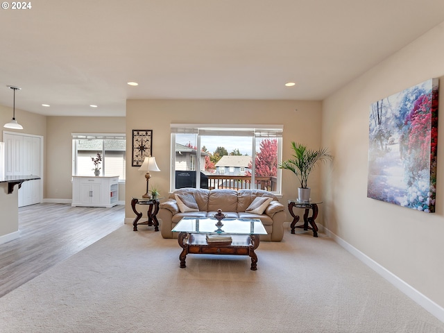 living room with light wood-type flooring and plenty of natural light