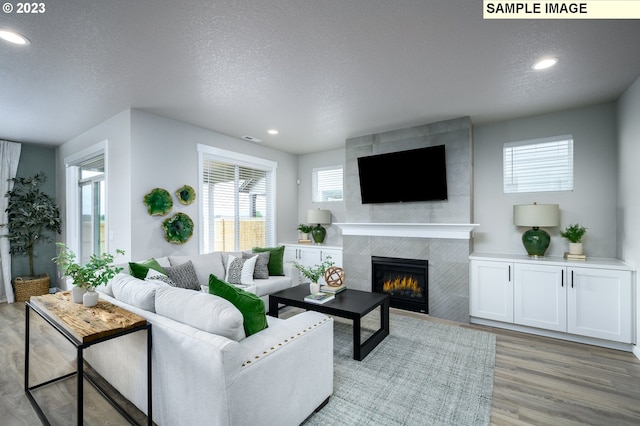 living room featuring a textured ceiling, light hardwood / wood-style flooring, and plenty of natural light