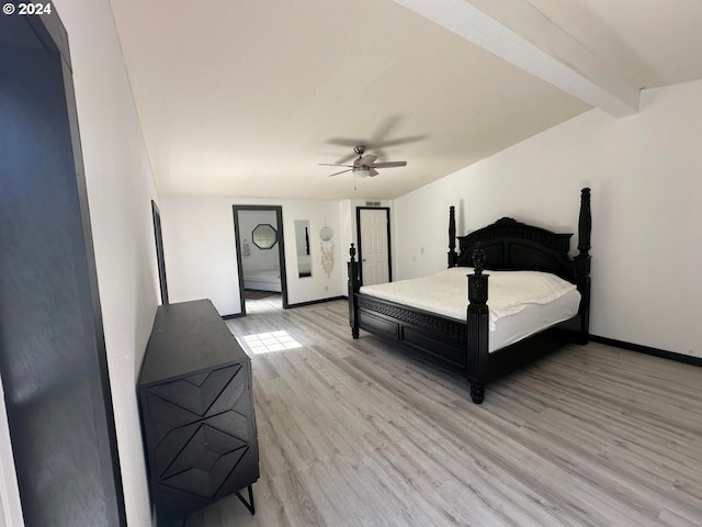 bedroom with beam ceiling, baseboards, light wood-type flooring, and ceiling fan