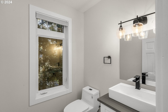 bathroom with toilet, a healthy amount of sunlight, and vanity