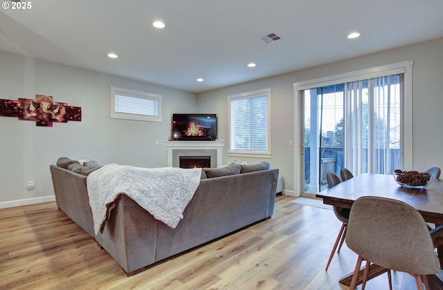 living area with light wood-style flooring, a lit fireplace, and a wealth of natural light