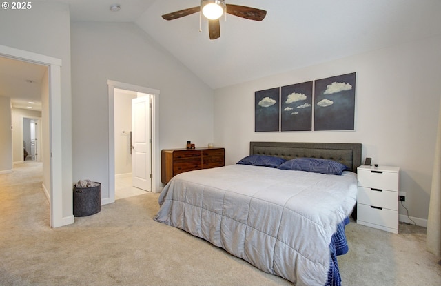 bedroom with ensuite bathroom, high vaulted ceiling, baseboards, ceiling fan, and carpet floors