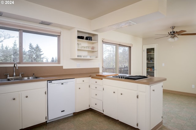 kitchen with white cabinets, ceiling fan, stainless steel gas cooktop, sink, and dishwasher