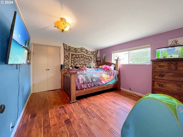 bedroom with wood-type flooring and a closet