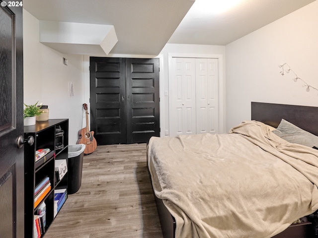 bedroom with wood finished floors and a closet