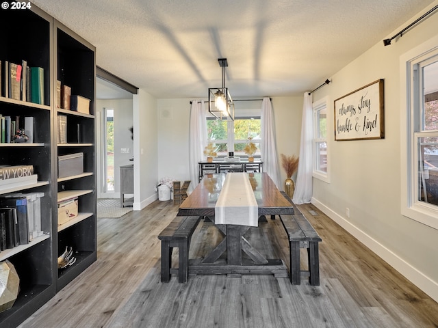 dining room with wood-type flooring and a textured ceiling