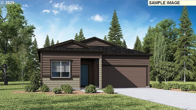 view of front of home featuring a front lawn, driveway, and an attached garage