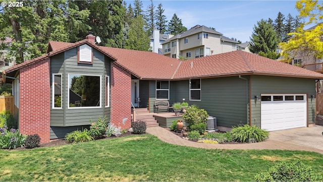 single story home featuring an attached garage, a front lawn, a chimney, driveway, and central air condition unit