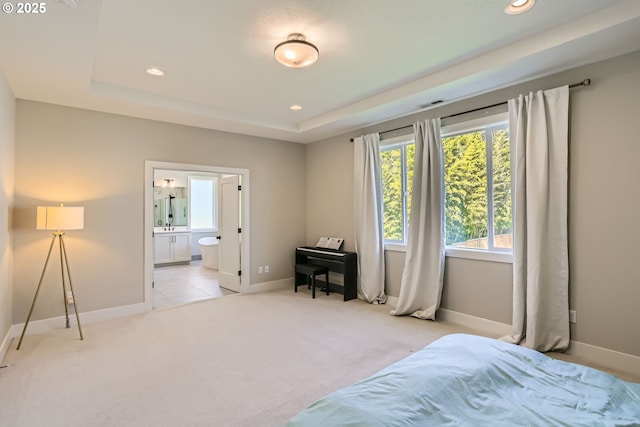 7414 SW 80th Ter, Portland, OR 97223 - bedroom featuring light carpet, recessed lighting, a raised ceiling, and ensuite bath