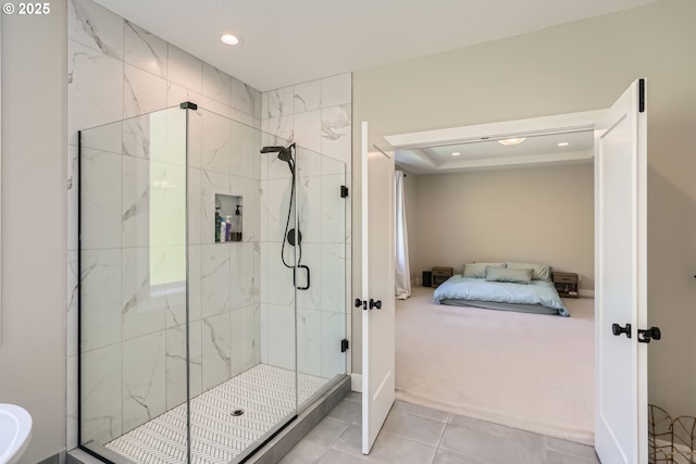 7414 SW 80th Ter, Portland, OR 97223 - ensuite bathroom with a marble finish shower, recessed lighting, and tile patterned flooring