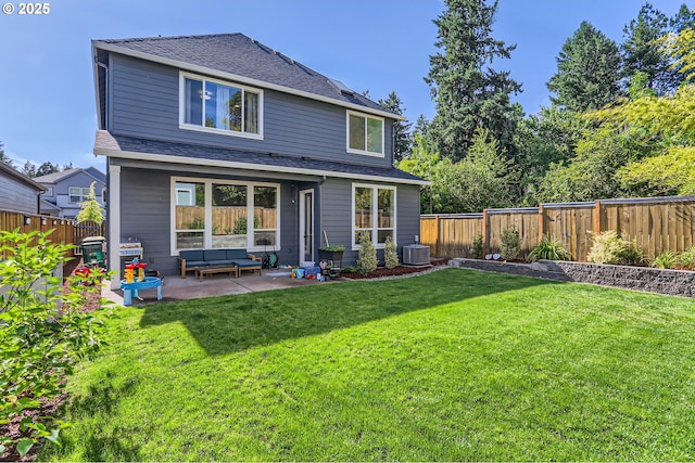7414 SW 80th Ter, Portland, OR 97223 - rear view of property featuring an outdoor hangout area, a fenced backyard, a patio area, and a shingled roof