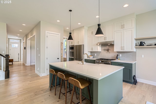 7414 SW 80th Ter, Portland, OR 97223 - kitchen featuring under cabinet range hood, appliances with stainless steel finishes, light wood-type flooring, backsplash, and a kitchen island with sink
