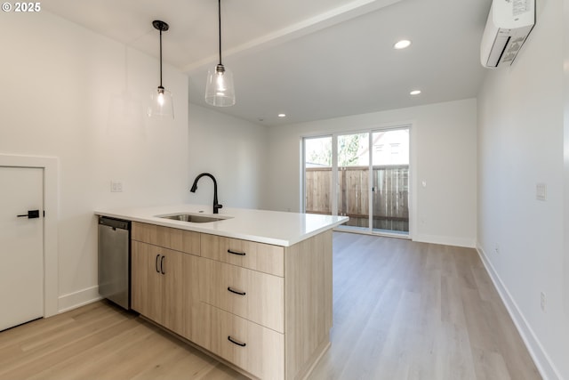 3727 N Michigan Ave, Portland, OR 97227 - kitchen featuring dishwasher, a peninsula, light brown cabinetry, light wood-style flooring, and recessed lighting