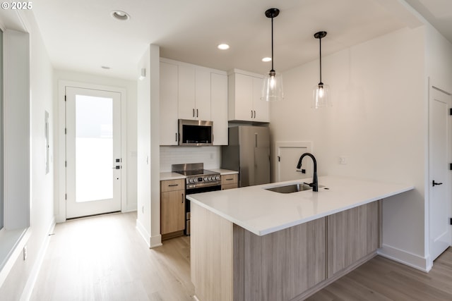 3727 N Michigan Ave, Portland, OR 97227 - kitchen with appliances with stainless steel finishes, light wood finished floors, a peninsula, light countertops, and tasteful backsplash