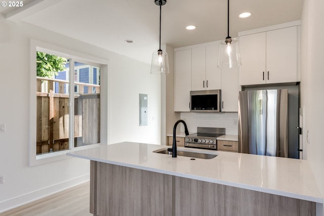 3727 N Michigan Ave, Portland, OR 97227 - kitchen featuring appliances with stainless steel finishes, tasteful backsplash, recessed lighting, white cabinets, and electric panel