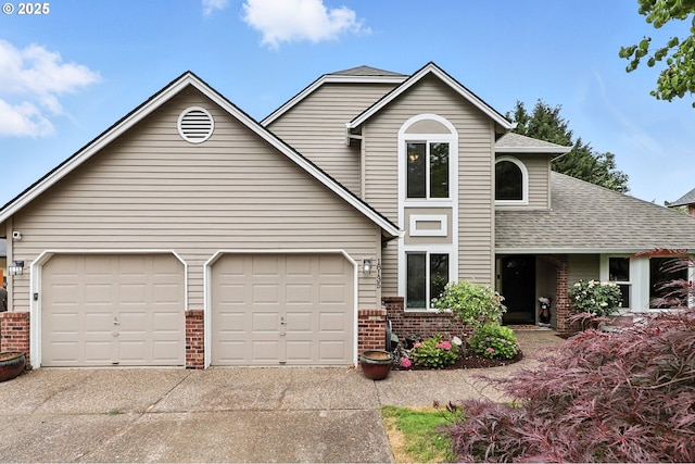 18135 SW Hart Dr, Beaverton, OR 97007 - traditional home featuring brick siding, a garage, driveway, and roof with shingles
