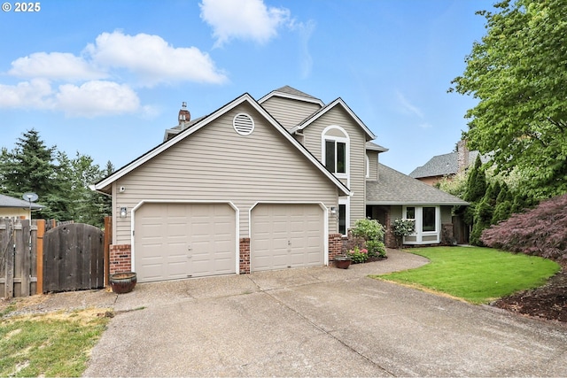 18135 SW Hart Dr, Beaverton, OR 97007 - traditional-style home with brick siding, concrete driveway, roof with shingles, a chimney, and a garage