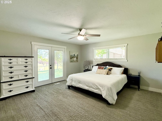 1082 E Highland Ave, Hermiston, OR 97838 - carpeted bedroom with access to exterior, french doors, a ceiling fan, baseboards, and a textured ceiling