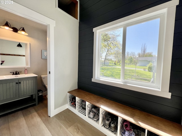 1082 E Highland Ave, Hermiston, OR 97838 - mudroom with a sink, light wood-style flooring, wood walls, and baseboards