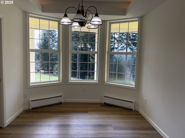 unfurnished dining area with a baseboard radiator, wood finished floors, and baseboards