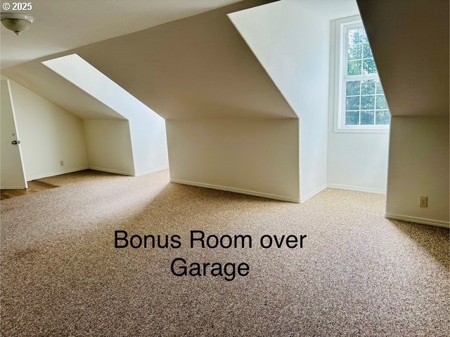 additional living space with vaulted ceiling, carpet flooring, and baseboards