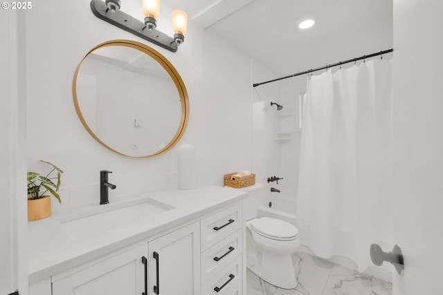 full bathroom with toilet, marble finish floor, recessed lighting, shower / bath combination with curtain, and vanity