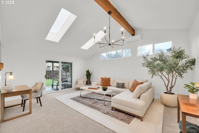 carpeted living area with beam ceiling, high vaulted ceiling, a skylight, and a wall mounted AC