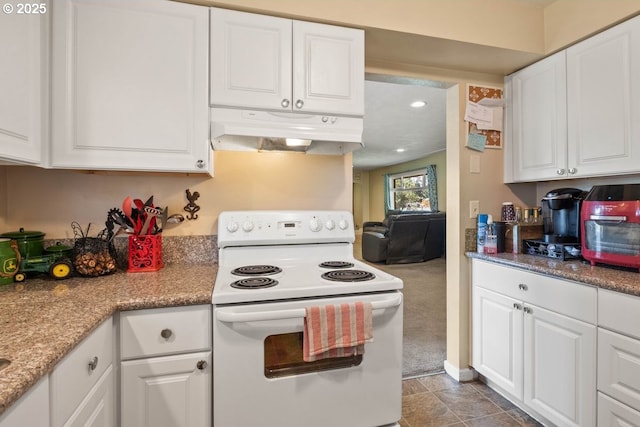3574 SE Jefferson Marion Rd, Jefferson, OR 97352 - kitchen featuring electric range, under cabinet range hood, white cabinetry, carpet, and recessed lighting