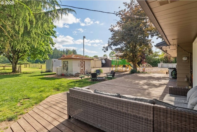 3574 SE Jefferson Marion Rd, Jefferson, OR 97352 - wooden terrace with an outdoor structure, an outdoor hangout area, and a storage shed