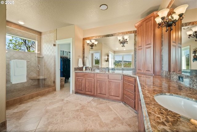 full bathroom featuring an inviting chandelier, vanity, a stall shower, and a wealth of natural light