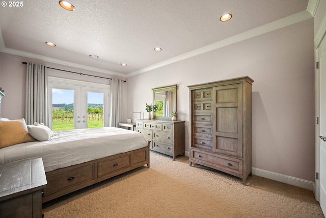 bedroom with crown molding, recessed lighting, access to outside, light colored carpet, and french doors