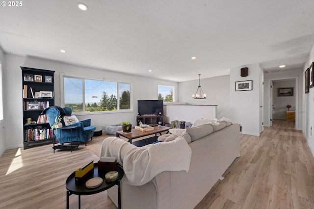 35208 Orchard Ln, Astoria, OR 97103 - living area featuring light wood-style flooring, a chandelier, baseboards, and recessed lighting