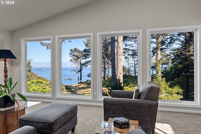 sitting room with a water view, carpet flooring, and a wealth of natural light