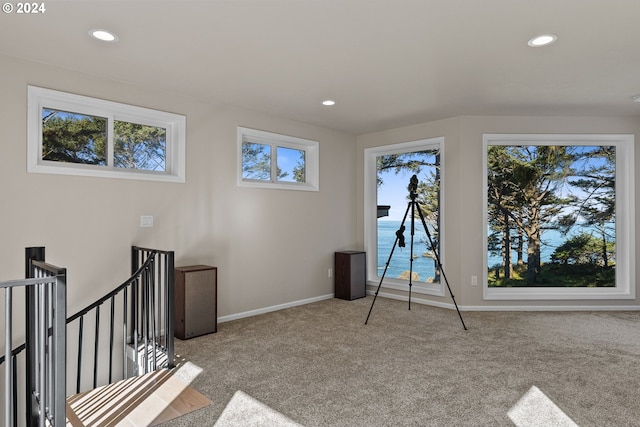 playroom with a water view and light colored carpet