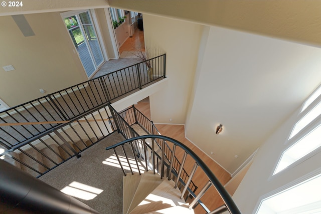 stairs with hardwood / wood-style floors and a high ceiling