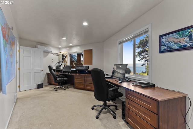 carpeted home office with an AC wall unit