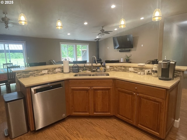 24945 Oak Ln, Elmira, OR 97437 - kitchen with dishwasher, a sink, ceiling fan, light countertops, and recessed lighting