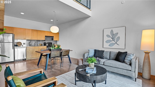 living room with sink and a high ceiling