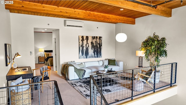 living room featuring beam ceiling, carpet floors, a wall unit AC, and wooden ceiling