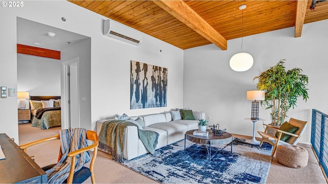 carpeted living room featuring beamed ceiling, an AC wall unit, and wood ceiling