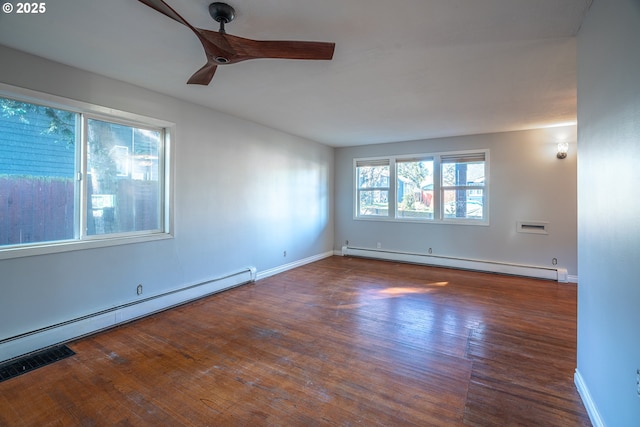 unfurnished room with wood finished floors, baseboards, and baseboard heating