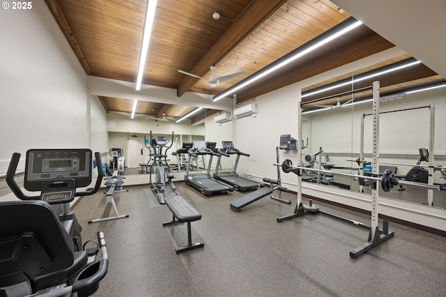 exercise room featuring wood ceiling, a wall unit AC, and beamed ceiling