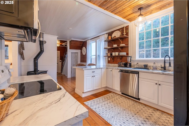 kitchen featuring range with electric stovetop, white cabinetry, stainless steel dishwasher, open shelves, and decorative light fixtures