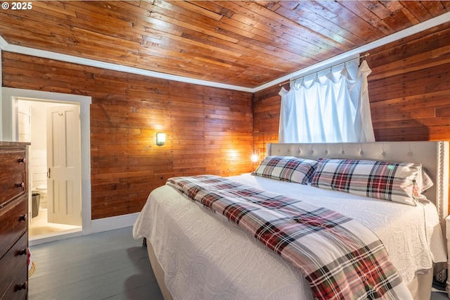 bedroom featuring wooden ceiling, wood finished floors, and wood walls