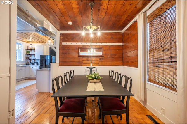 dining space with wooden walls, light wood-type flooring, wood ceiling, and a notable chandelier