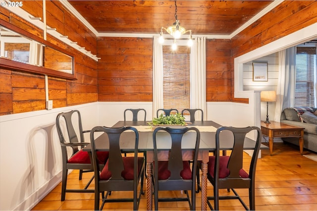 dining space featuring wood walls, wood ceiling, ornamental molding, light wood finished floors, and an inviting chandelier