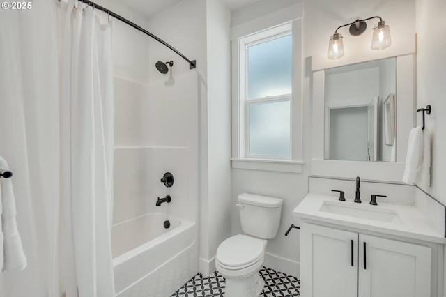11723 NW Sadie St, Portland, OR 97229 - bathroom with baseboards, shower / tub combo with curtain, vanity, toilet, and tile patterned floors