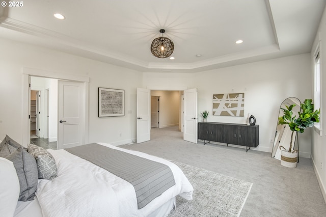 11723 NW Sadie St, Portland, OR 97229 - bedroom with a tray ceiling, light carpet, recessed lighting, baseboards, and ornamental molding