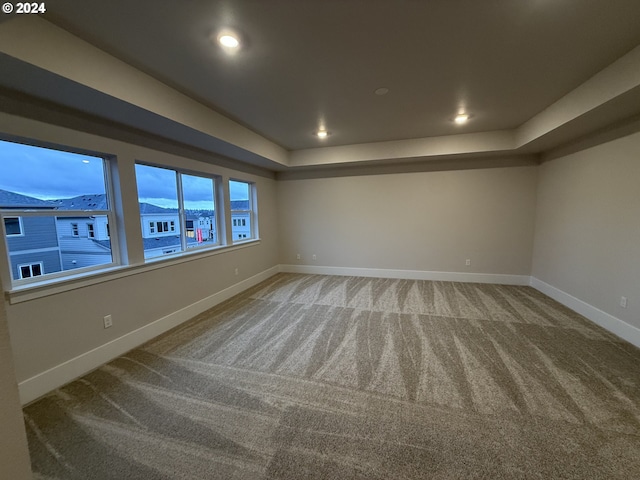 empty room featuring carpet floors and a tray ceiling