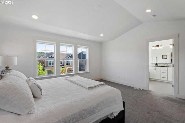14878 NW Olive St, Portland, OR 97229 - carpeted bedroom with ensuite bath, recessed lighting, baseboards, lofted ceiling, and visible vents